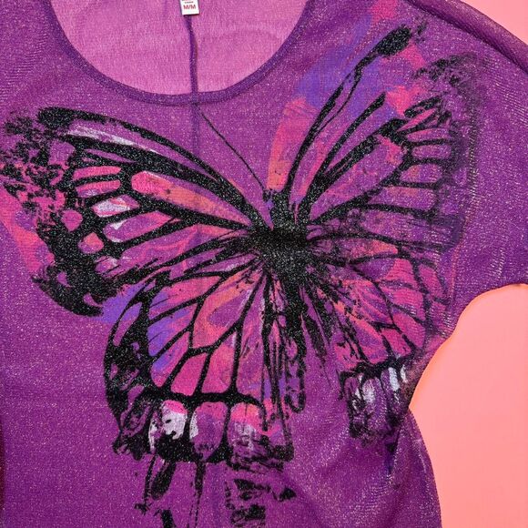 Y2K Bongo purple sheer mesh sparkle top with butterfly graphic🎀 - Picture 6 of 7